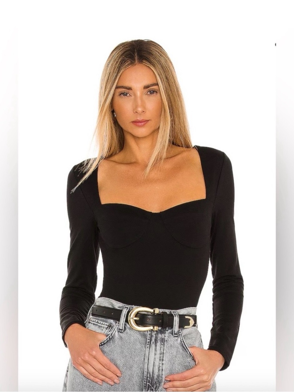 NBD Reagan Black Long Sleeve Sweetheart Bodysuit Size S